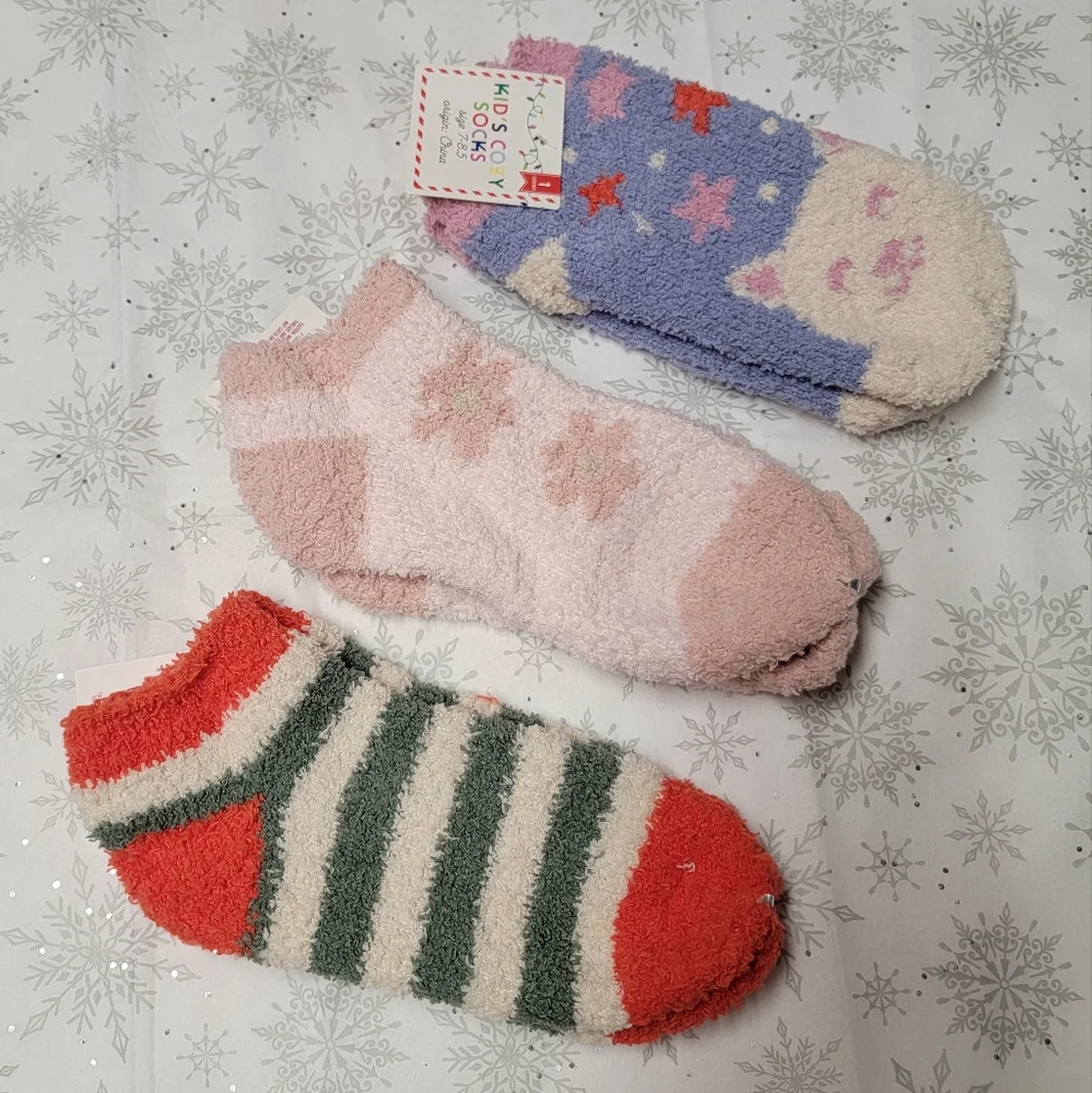 Kid's Cozy Socks Three Pairs of Fuzzy Socks Festive Winter Holiday Stripe Floral